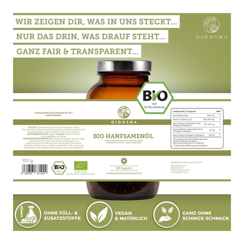 Bild von QIDOSHA Bio Hanfsamenöl Kapseln vegan, 180 Stk, Modellnummer: QI0079