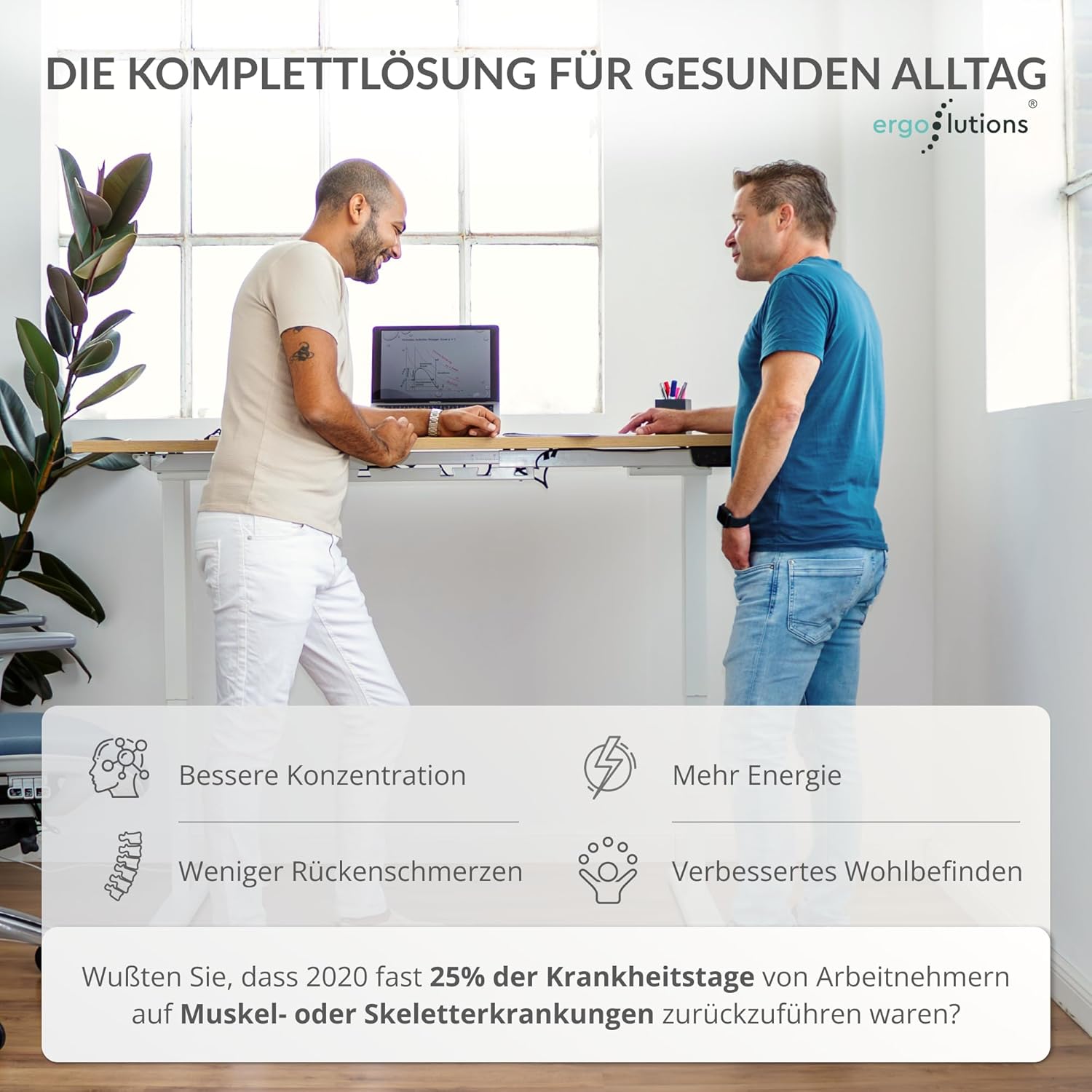 Bild von Ergolutions® Primus Schreibtisch, Gestell Grau, Tischplatte 1600 x 800 x 25 mm Birke - Elektrisch Verstellbarer Standing-Desk, 125kg Tragkraft, Memory-Funktion, leise, Kabelmanagement