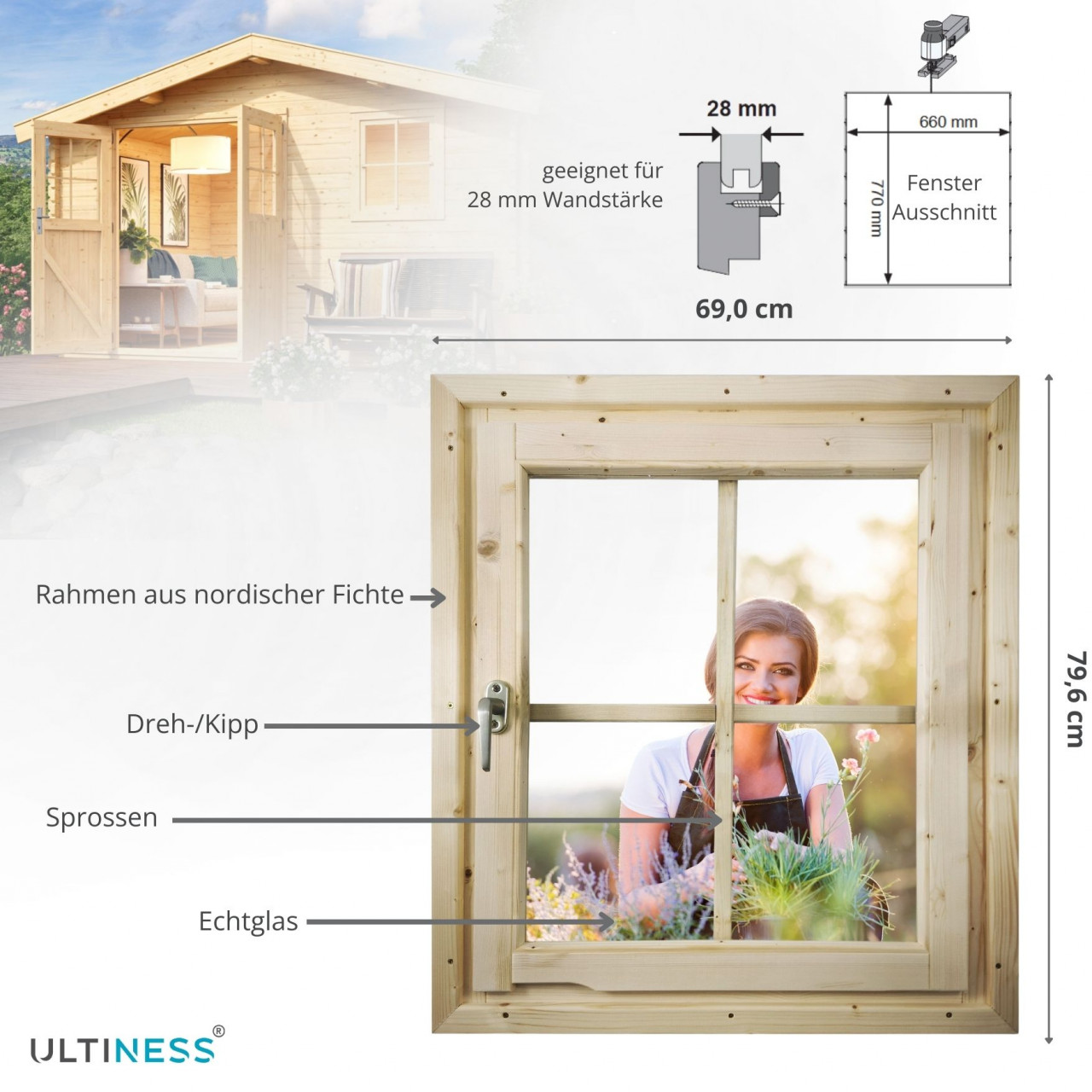 Bild von Gartenhaus Fenster 69 x 80 cm DrehKippfenster 28 mm