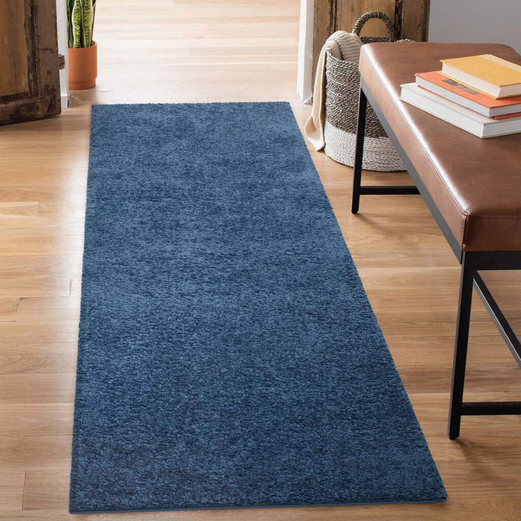 Bild von carpet city Shaggy Hochflor Teppich - Läufer 80x300 cm - Blau - Langflor Flurteppich - Einfarbig Uni Modern - Flauschig-Weiche Teppiche Schlafzimmer Deko