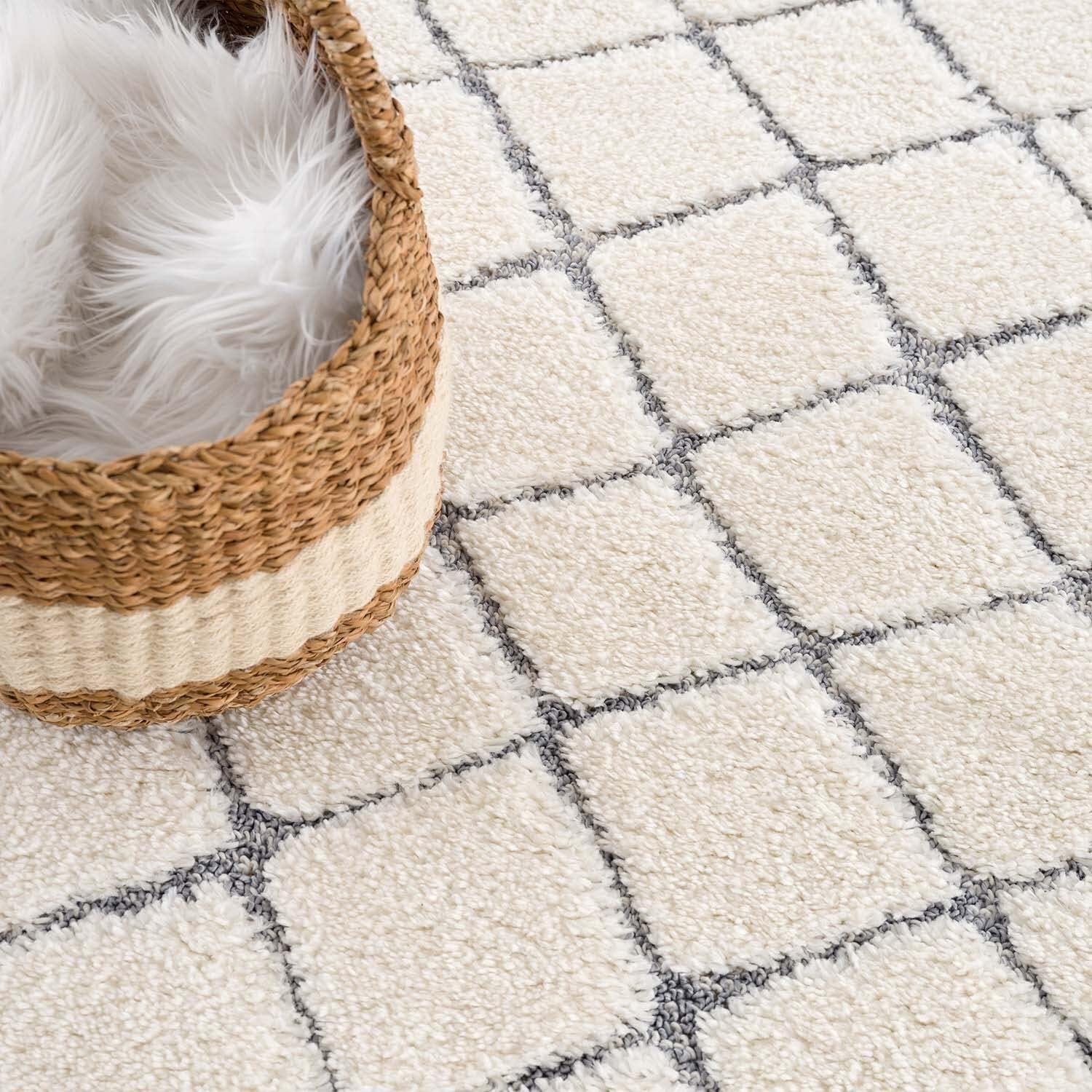 Bild von carpet city Teppich Hochflor Wohnzimmer - 120x170 cm - Scandi-Stil Raute-Optik Creme Grau - Cut-Loop, Hochtief, 3D-Effekt - Shaggy Teppiche Flauschig-Weich Schlafzimmer Langflor