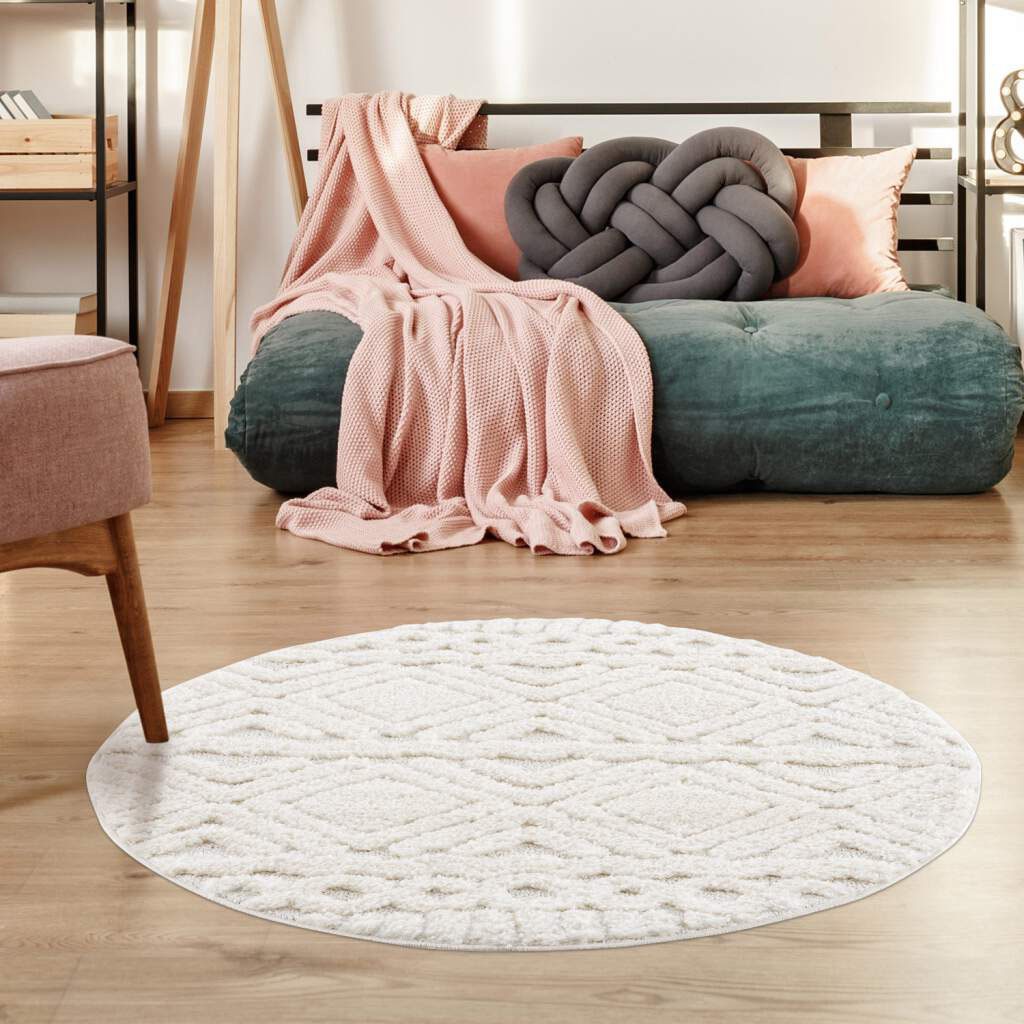 Bild von carpet city Teppich Hochflor Wohnzimmer - 200 cm Rund - Einfarbig Creme - Rauten Hochtief-Muster/ 3D-Effekt - Shaggy Teppiche Schlafzimmer Boho, Scandi
