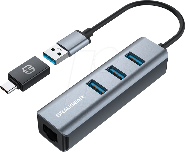 Bild von GRAUGEAR G-HUB31L-AC USB-Adapter, USB HUB 3x USB 3.0 Ports Type A Gigabit LAN Adapter Aluminium