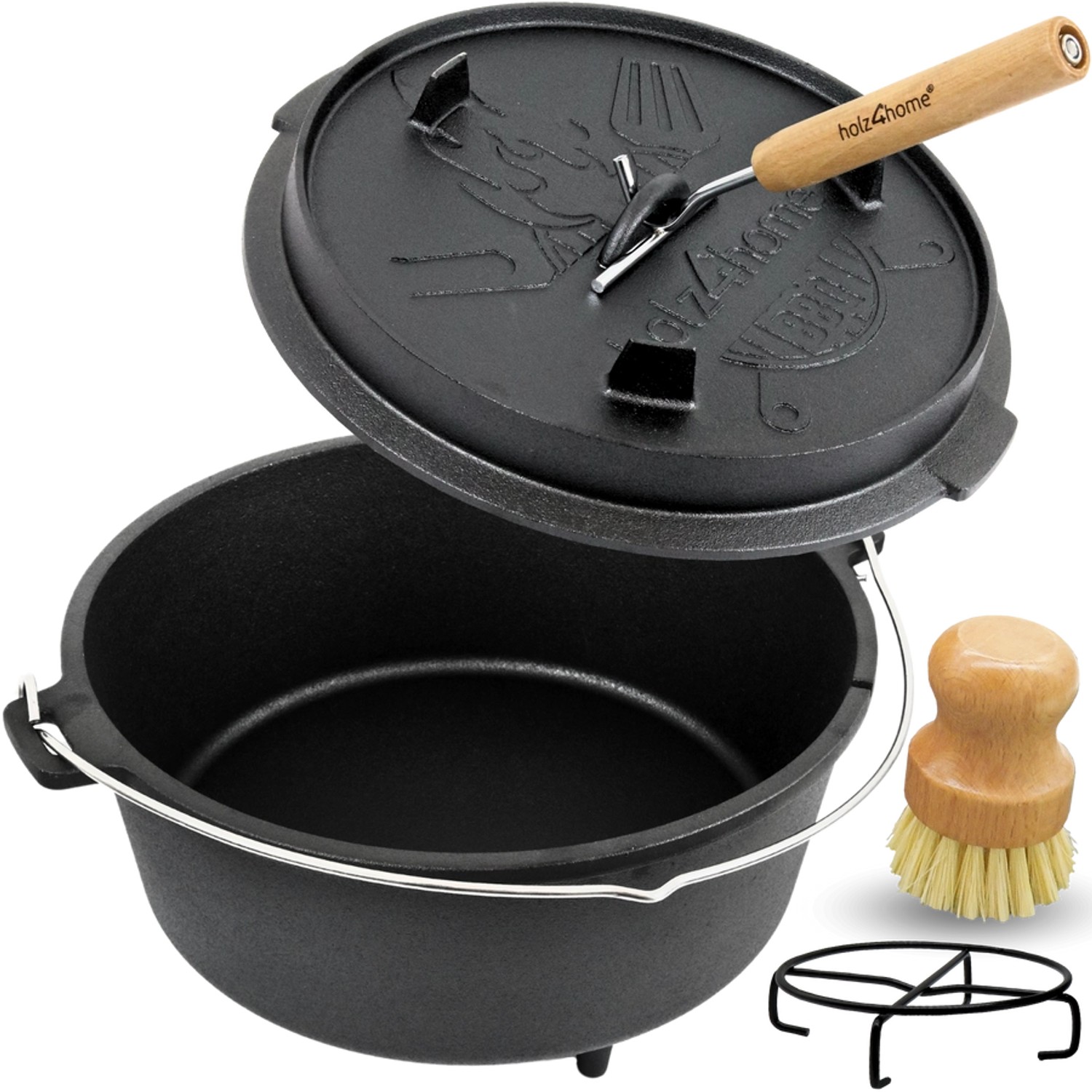 Bild von holz4home Grilltopf Dutch Oven Set aus Gusseisen I Dopf Feuertopf Schmortopf Bräter, Gusseisen (5-tlg), inkl. Deckelheber