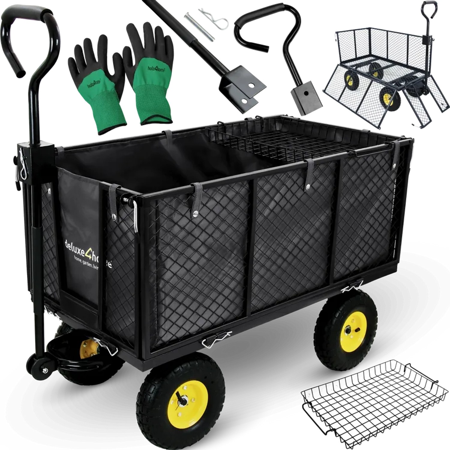 Bild von deluxe4home® Bollerwagen bis 550kg Schwarz I Gartenwagen Handwagen Metall klappbar I Gerätewagen Transportwagen I Karren mit Breiten Reifen I Robuster Wagen Rollwagen