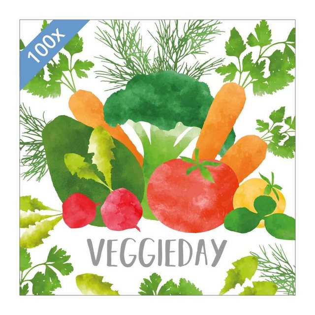 Bild von Papier-Servietten mit Motiv 'VeggieDay', 100 Stück, 33 x 33 cm, 3-lagig, 16,5 x 16,5 cm im Lunchformat, FSC-zertifiziert