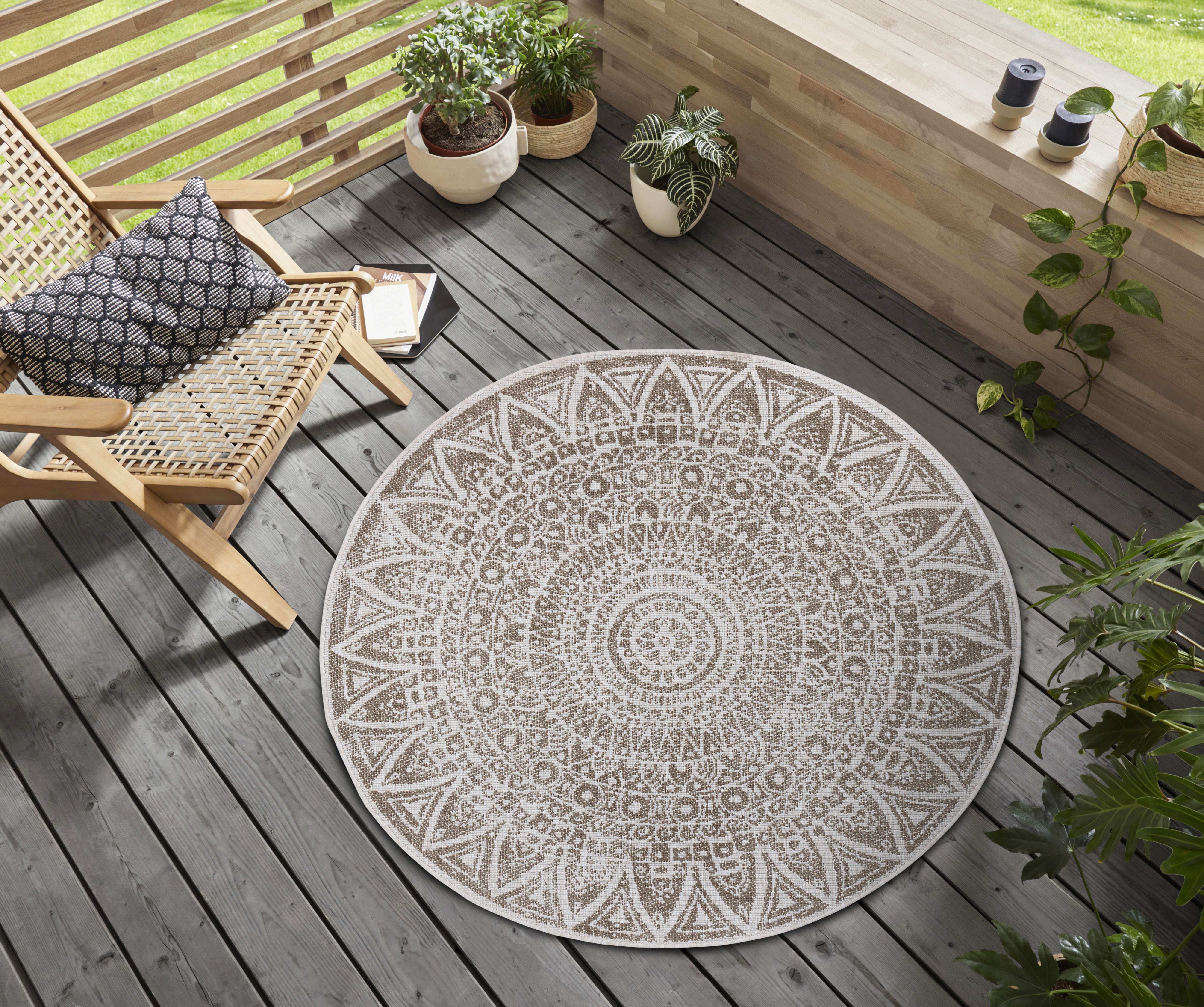 Bild von freundin Home Collection Lilja Flachgewebe In- und Outdoor Wendeteppich Wetterfest Modernes Mandala Design Teppich für Balkon Terrasse Garten Wintergarten Wohnzimmerteppich Wasserfest, Ø 140 cm, Linen