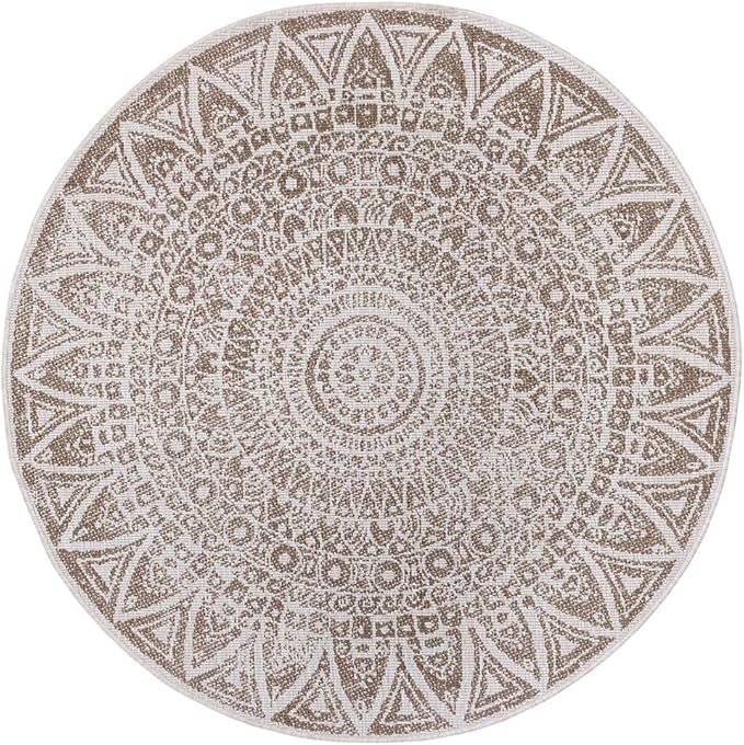 Bild von freundin Home Collection Lilja Flachgewebe In- und Outdoor Wendeteppich Wetterfest Modernes Mandala Design Teppich für Balkon Terrasse Garten Wintergarten Wohnzimmerteppich Wasserfest, Ø 200 cm, Linen