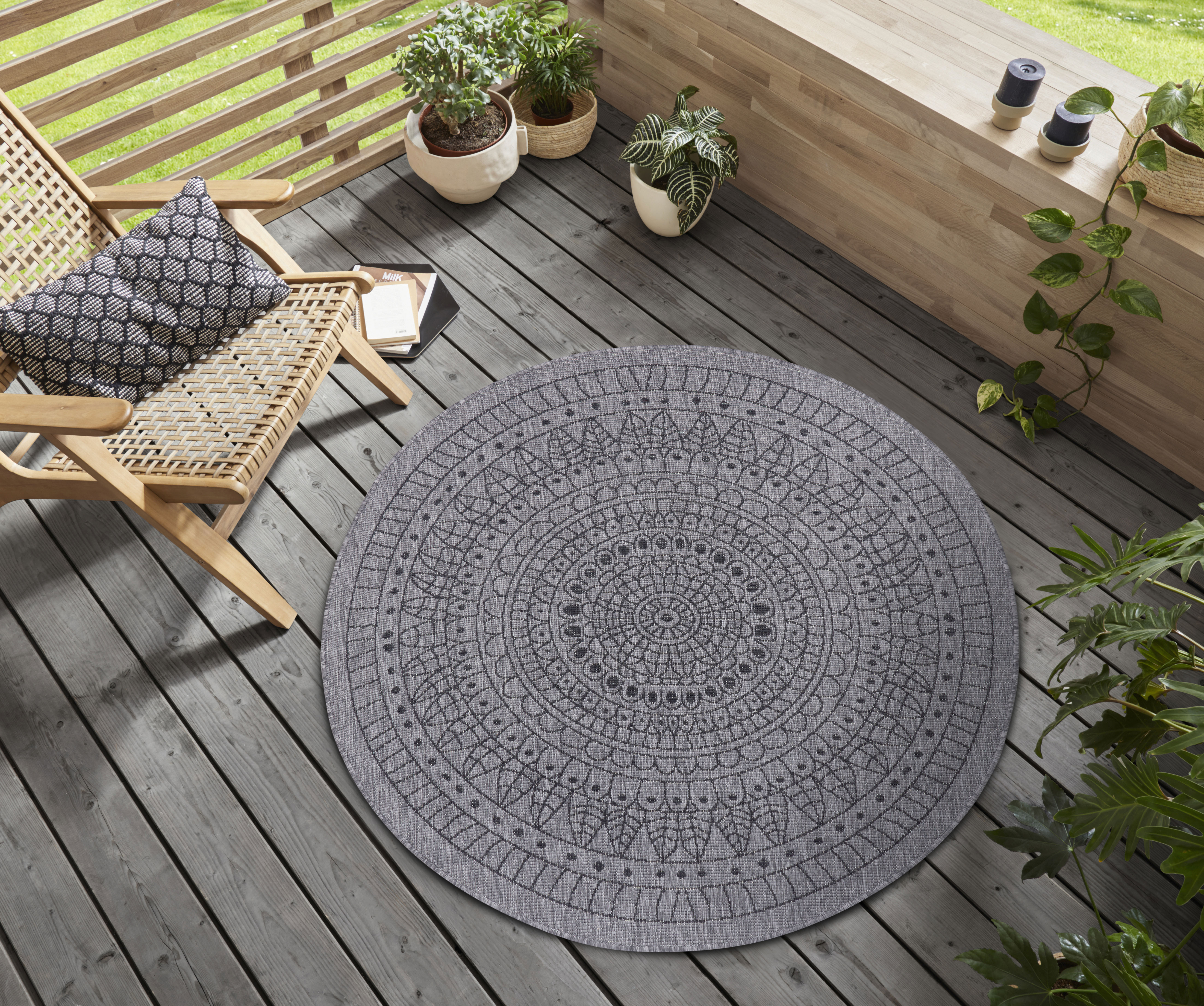 Bild von Northrugs Porto In- und Outdoor Teppich Rund – Runder Wendeteppich Wasserfest Mandala Design Flachgewebe Teppich Wetterfest für Balkon, Terrasse, Garten, Wohnzimmer in Night Silber, ⌀200cm