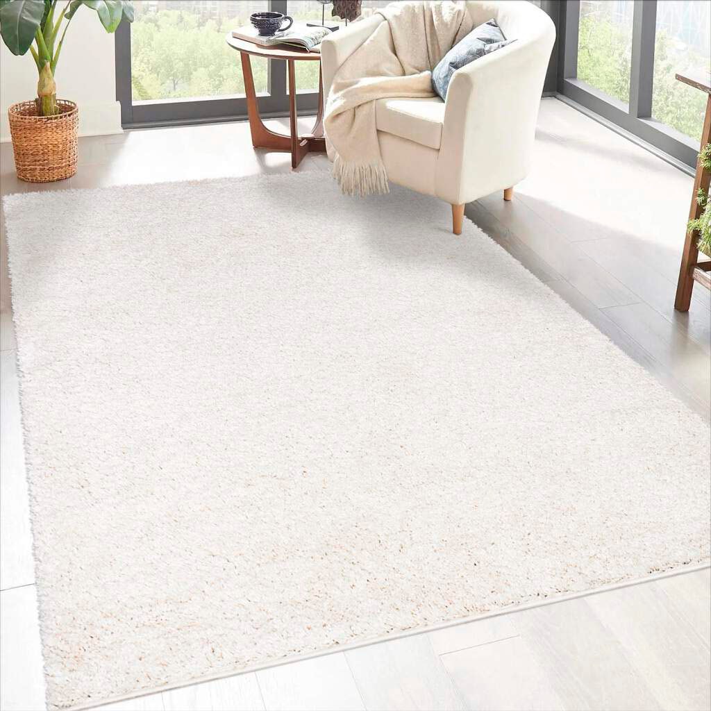 Bild von carpet city Shaggy Hochflor Teppich - 200x290 cm - Creme - Langflor Wohnzimmerteppich - Einfarbig Uni Modern - Flauschig-Weiche Teppiche Schlafzimmer Deko