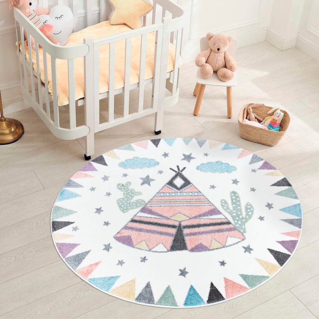 Bild von carpet city Teppich Kinderzimmer Indianer-Look 160 cm Rund - Creme, Multi - Runder Kinderteppich Kurzflor mit Tipi-Zelt - Weicher Flor