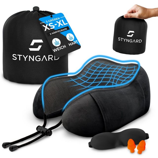 Bild von STYNGARD Nackenkissen Reise aus Memory Foam [2 Härtegrade & 2 Größen] - Nackenhörnchen Erwachsene mit Schlafmaske - Nackenkissen Flugzeug Modell Barcelona (Weiche Version, M in Schwarz)