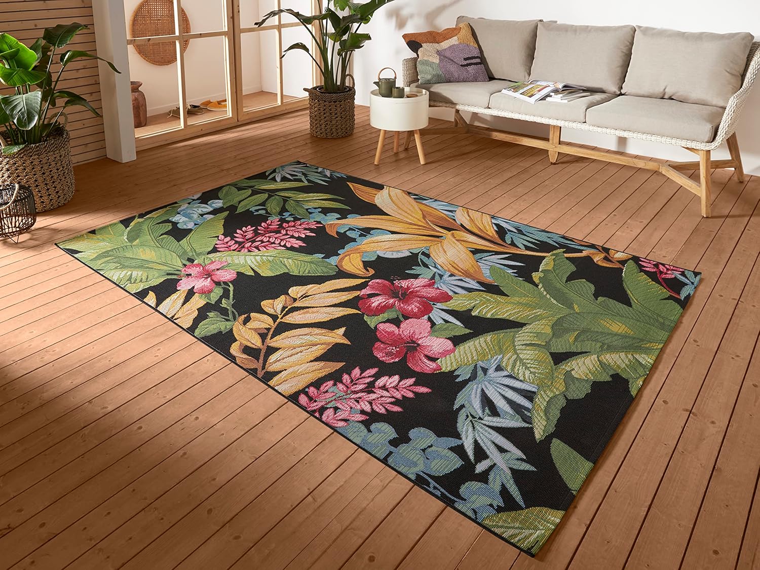 Bild von Hanse Home Tropical Flowers In- & Outdoor Teppich – Flachgewebe Aussenteppich, Jungel Blumen Flower Florales Design, ÖKO-TEX Wetterfest & UV-beständig für Balkon, Terrasse, Garten – Bunt, 80x165cm