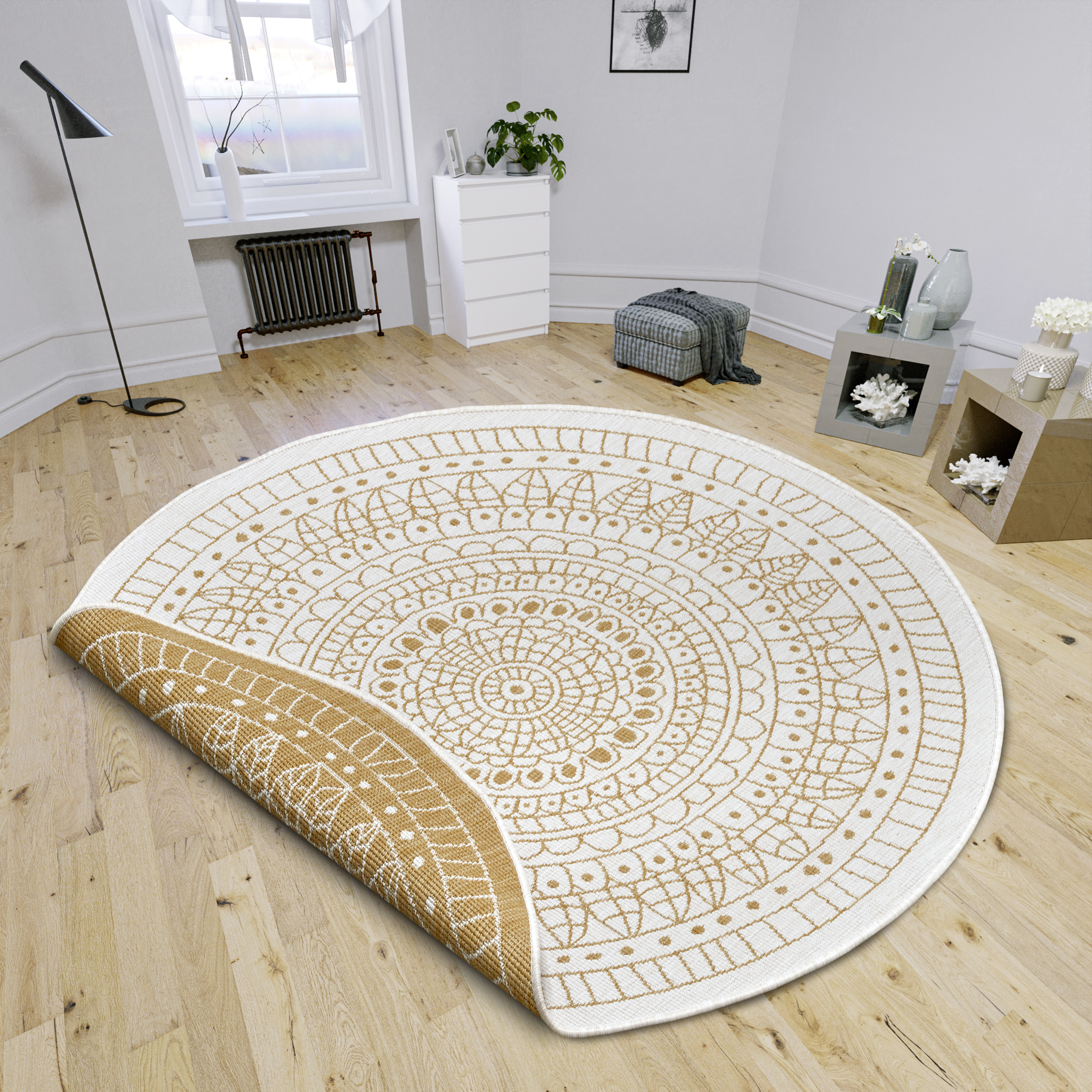 Bild von Northrugs Porto In- und Outdoor Teppich Rund – Runder Wendeteppich Wasserfest Mandala Design Flachgewebe Teppich Wetterfest für Balkon, Terrasse, Garten, Wohnzimmer in Ocker, ⌀240cm