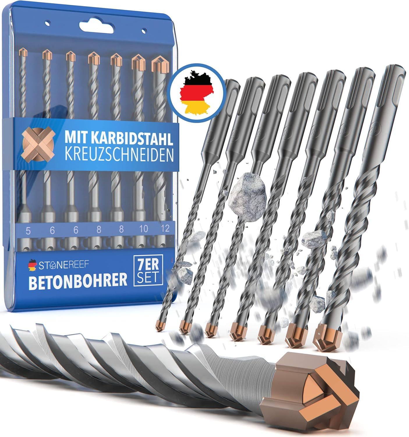 Bild von STONE REEF Betonbohrer Set Profi - [7-teilig inkl. Bohrerkassette] - SDS Plus Bohrer Set Ø 5mm, 6mm, 6mm, 8mm, 8mm, 10mm, 12mm x 156mm - Steinbohrer Set, Bohrer Set Beton, Wandbohrer, Bohrersatz
