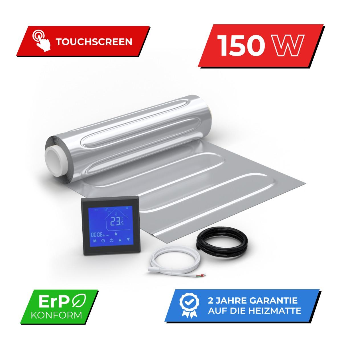 Bild von WARMON elektrische Fußbodenheizung für Laminat: Zweiader-Heizmatte mit Aluminiumfolie AluPro-150 (150 W/m²) mit Thermostat MCS 450 Touch schwarz 6 m²