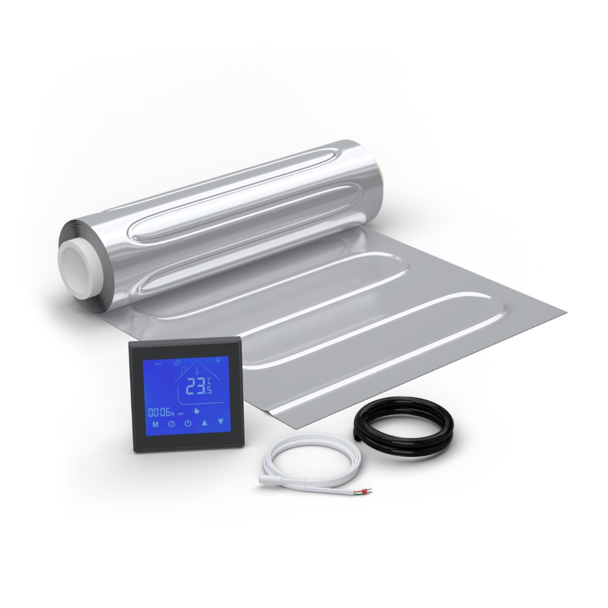 Bild von WARMON elektrische Fußbodenheizung für Laminat: Zweiader-Heizmatte mit Aluminiumfolie AluPro-150 (150 W/m²) mit Thermostat MCS 450 Touch schwarz 9 m²