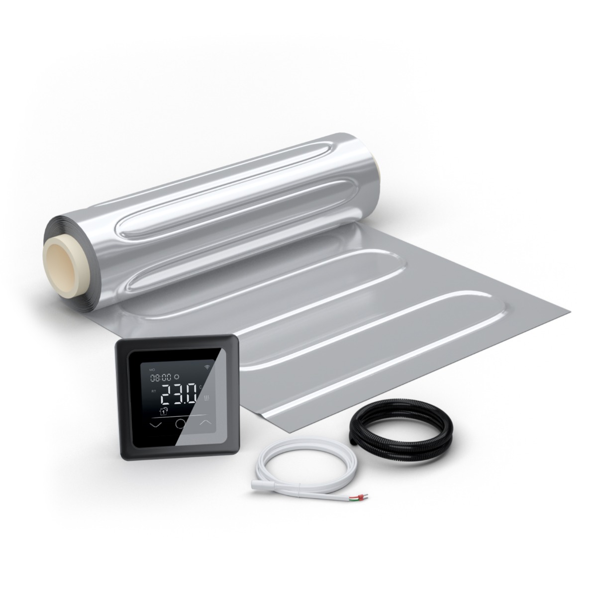 Bild von WARMON elektrische Fußbodenheizung für Laminat: Zweiader-Heizmatte mit Aluminiumfolie AluPro-150 (150 W/m²) mit Thermostat MCS 750 WIFI Touch schwarz 1,5 m²