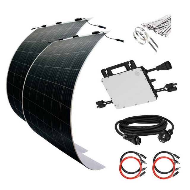 Bild von MyVoltaics Balkonkraftwerk MyUltraleicht Solaranlage 620 Watt mit 2 Modulen je nur 5kg leicht, 620 W, glasfreie flexible Module ultraleicht (Gewicht 5kg Modul) ultradünn (Dicke 2 mm), (Set, 3-St., Glasfrei - Montage auch in Höhen über 4m möglich), Genehmigungsfreies Balkonkraftwerk 620+ Watt im Komplettset