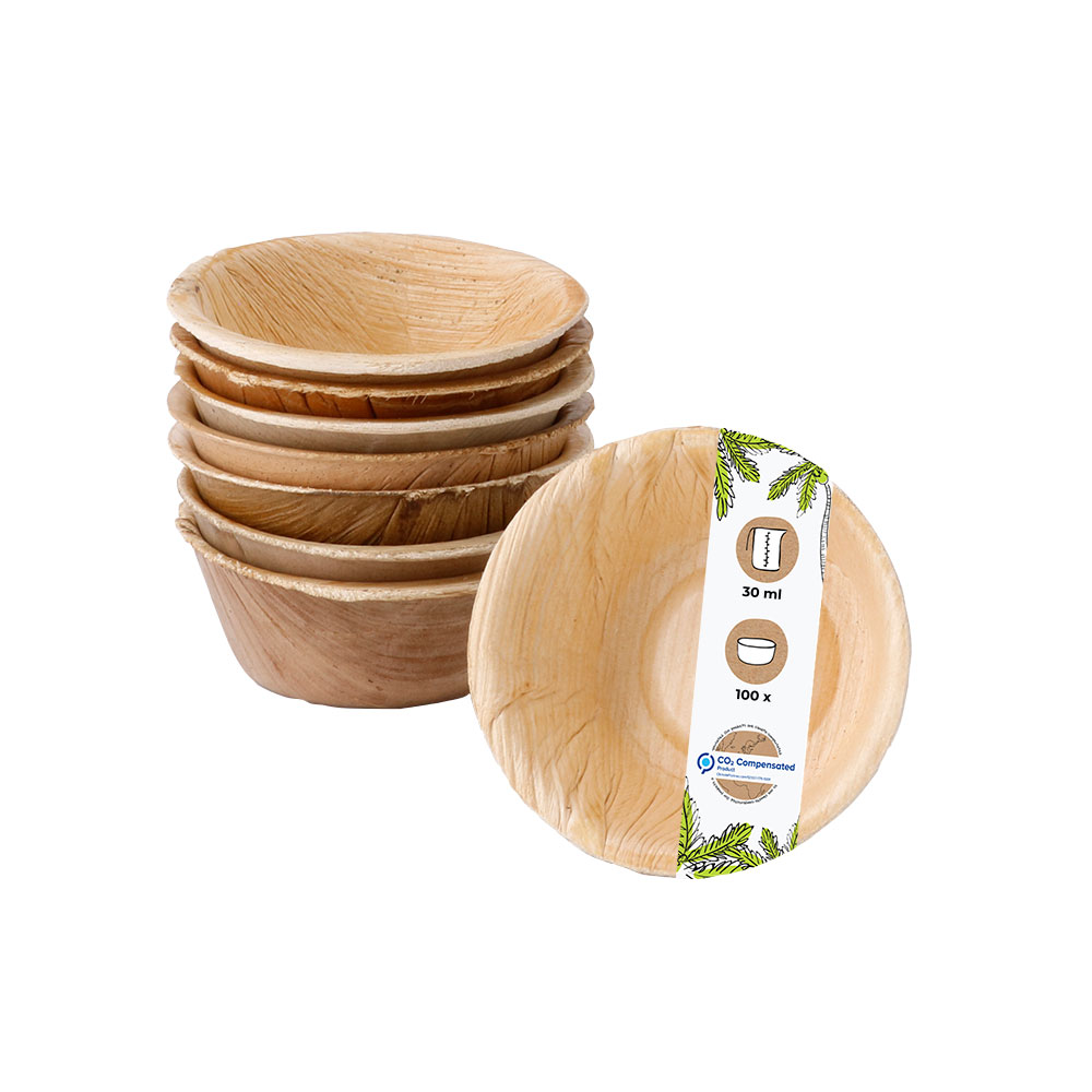 Bild von BIOZOYG 100 Stück Dipschälchen 30ml rund Einwegschälchen Palmblattschälchen Snackschälchen, kompostierbar, ideal für Fingerfood und Snacks