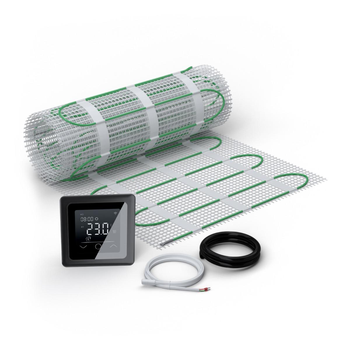 Bild von WARMON elektrische Fußbodenheizung für Fliesen: Zweiader-Heizmatte ultradünn, Festwiderstandsheizkabel EcoPRO-200 mit Thermostat TP 750 Touch schwarz 3,5 m²