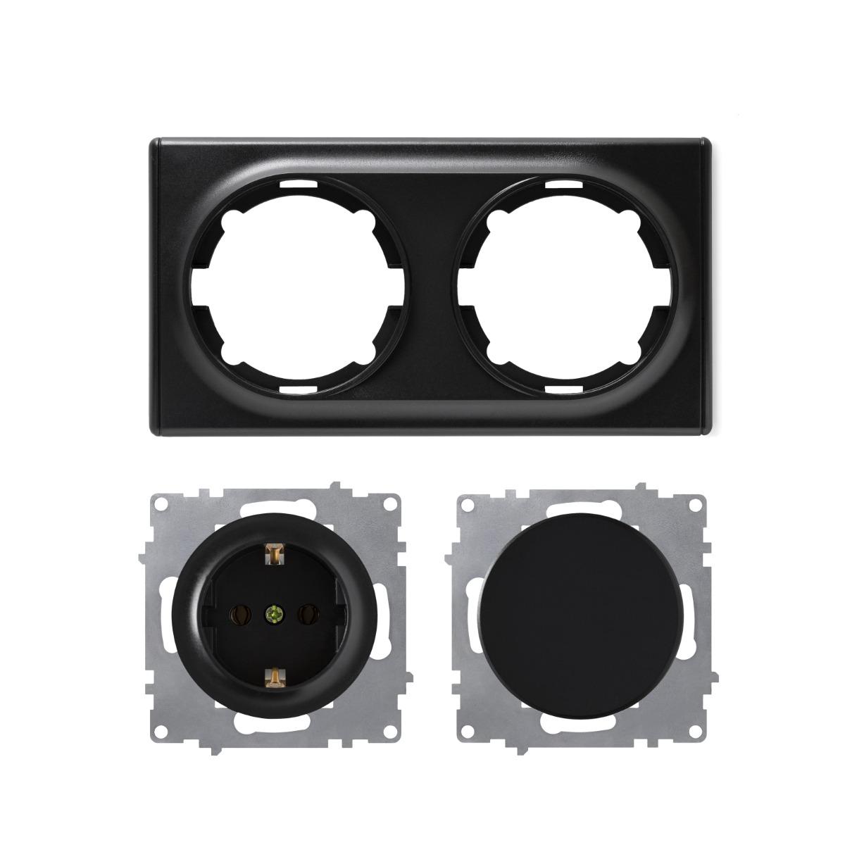 Bild von OneKeyElectro Set: Schuko-Steckdose und Ein-Aus-Lichtschalter, unterputz, matt-Antifingerprint, Schutzart IP20, 230V/16A, rund mit Abdeckrahmen 2fach, waagerecht, schwarz