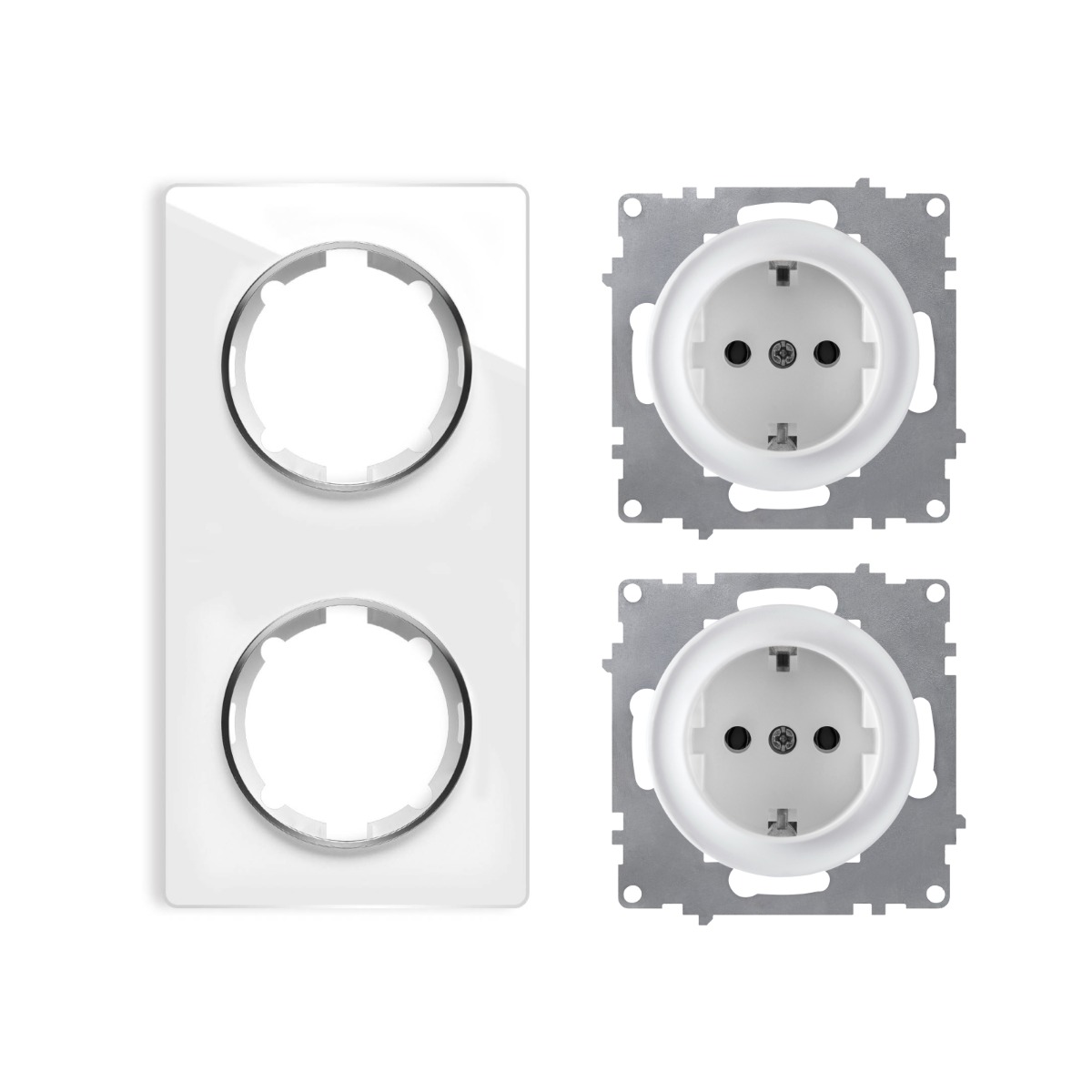 Bild von OneKeyElectro Set: 2х Schuko-Steckdose mit Glas-Abdeckrahmen 2fach, senkrecht, 230V/16A, Schutzart IP20, gute Wärmebeständigkeit, weiß