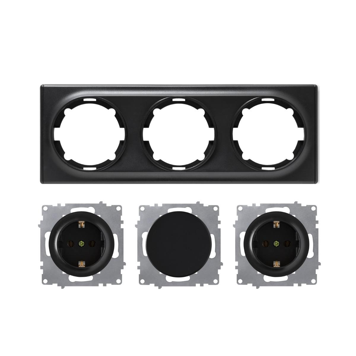 Bild von OneKeyElectro Set: 2x Schuko-Steckdose und Ein-Aus-Lichtschalter, unterputz, matt-Antifingerprint, Schutzart IP20, 230V/16A, rund mit Abdeckrahmen 3fach, waagerecht, schwarz