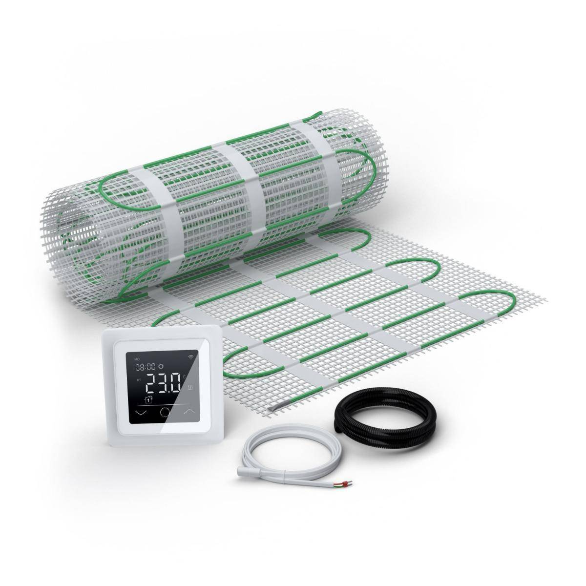 Bild von WARMON elektrische Fußbodenheizung für Fliesen: Zweiader-Heizmatte ultradünn, Festwiderstandsheizkabel EcoPRO-160 mit Thermostat TP 750 Touch weiß