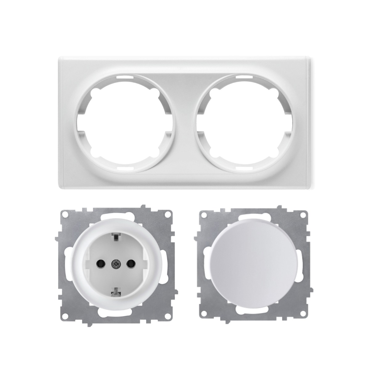 Bild von OneKeyElectro Set: Schuko-Steckdose und Ein-Aus-Lichtschalter, unterputz, matt-Antifingerprint, Schutzart IP20, 230V/16A, rund mit Abdeckrahmen 2fach, waagerecht