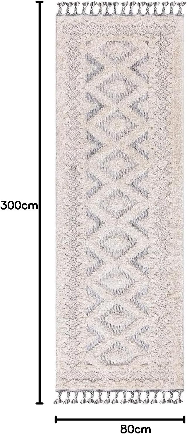 Bild von Teppich Boho Wohnzimmer - Creme, Graublau - 160x230 cm - Geometrisches Muster - Relief-Optik, 3D-Effekt - Cut-&Loop, Sisal - Moderne Fransen-Teppiche Schlafzimmer