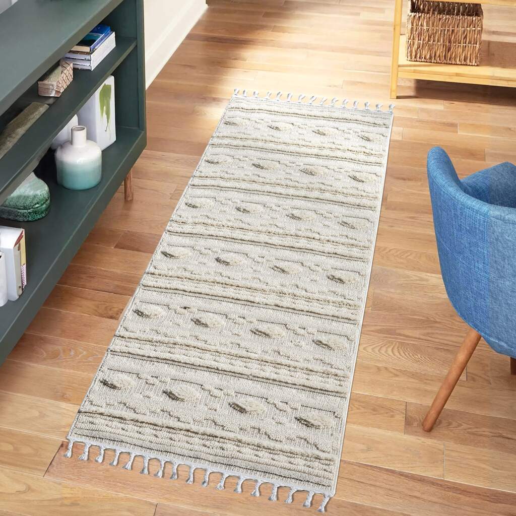 Bild von carpet city Teppich Läufer Boho Flur - Creme - 80x300 cm - Geo-Muster - Relief-Optik, 3D-Effekt - Cut-&Loop, Sisal - Moderne Fransen-Teppiche Schlafzimmer