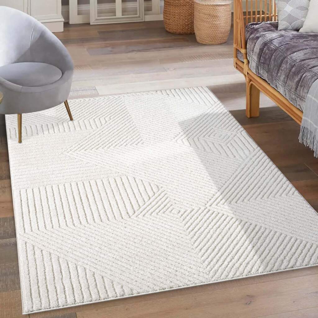 Bild von carpet city Kurzflor Teppich Creme - 120x170 cm - Wohnzimmer-Teppiche Hochtief-Muster, 3D-Effekt - Geometrisches Muster, Gestreift - Flachflor Bodenbelag, Deko Schlafzimmer