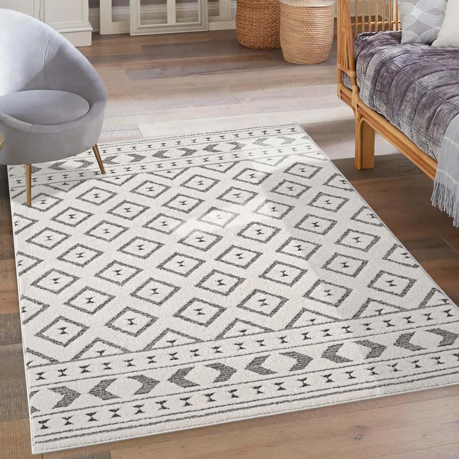 Bild von carpet city Kurzflor Teppich Grau, Creme - 140x200 cm - Wohnzimmer-Teppiche Hochtief-Muster, 3D-Effekt - Geometrisches Muster, Gestreift - Flachflor Bodenbelag, Deko Schlafzimmer