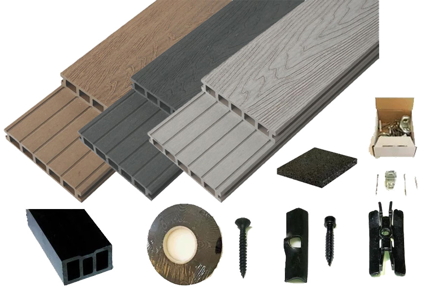 Bild von WPC Komplettset WoodoMykonosPlus inkl. Diele, UK, Start- und Endclips, Metallclips, Sicherungsband, Befestigungssets und Terrassenpads-Farbe: hellgrau, Länge: 2,4 m, Fläche: 35 m²