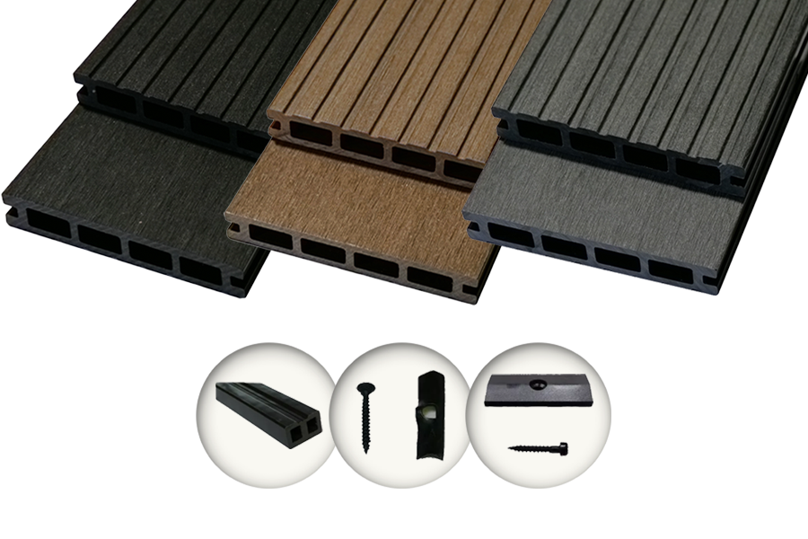 Bild von Woodstore24 Terrassendielen WPC Komplettset WoodoRhodos (20 x 120 mm, 2,4 m Länge) grau