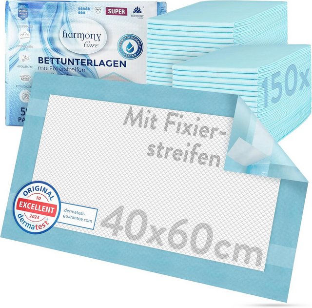 Bild von Inkontinenzauflage Bettunterlage mit Fixierstreifen, saugstarke Krankenunterlagen Harmony Care, rutschfeste Inkontinenzunterlagen einweg Nässeschutzauflage