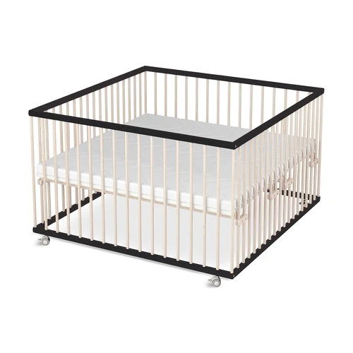 Bild von Sämann Laufstall Baby XXL 120x120 cm mit Matratze Cloud Air, Lattenrost & Schlupfsprossen | stufenlos höhenverstellbar | Laufgitter Premium | Babybett aus Holz | Krabbelgitter schwarz/natur, Sämann Babybett Laufgitter 120x120 cm mit Cloud Air Lattenrost Sprossen schwarz/natur