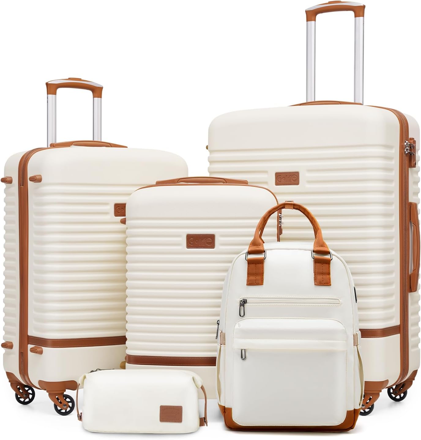 Bild von COOLIFE Koffer Trolley Koffer Reisekoffer von ABS Hartschalen Trolley 4 Rollen TSA-Schloss Der Koffer Enthält 1 Reiserucksack und 1 Kulturbeutel (Weiß/Braun, Koffer-Set 5tlg)