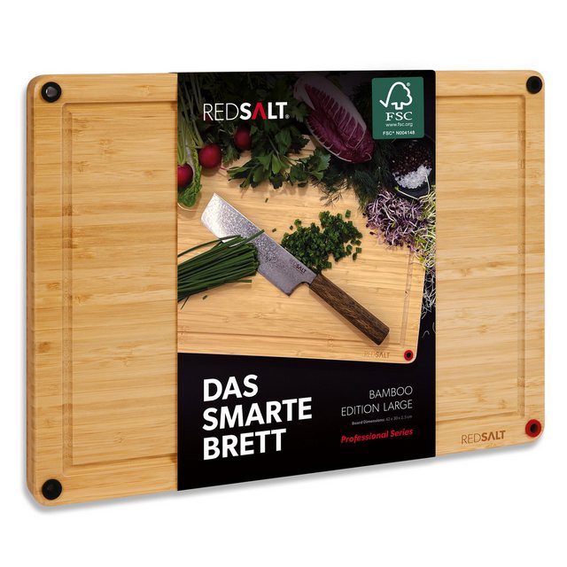 Bild von REDSALT® innovatives Bio Bambus Holz Schneidebrett rutschfest | L 42x30x2,5cm groß Holzbrett beidseitig verwendbar tiefe Saftrille FSC zertifiziert premium Schneidbrett Küche Grill Geschenk nachhaltig