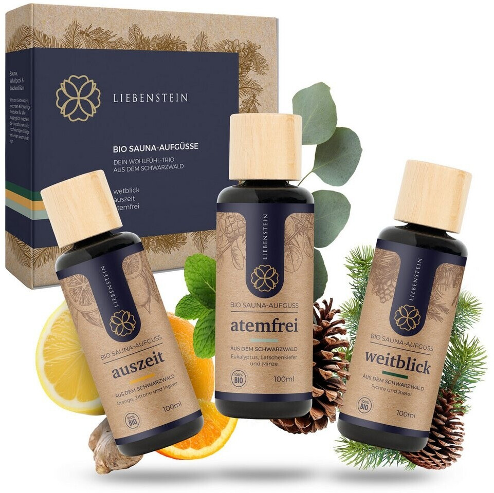 Bild von Liebenstein® BIO Saunaaufguss SET “Wohlfühl-Trio” [3x100ml Sauna Aufgussmittel] mit 100% naturreinen Bio Ölen - regional und nachhaltig - Schwarzwald Sauna Set für ein intensives Dufterleb