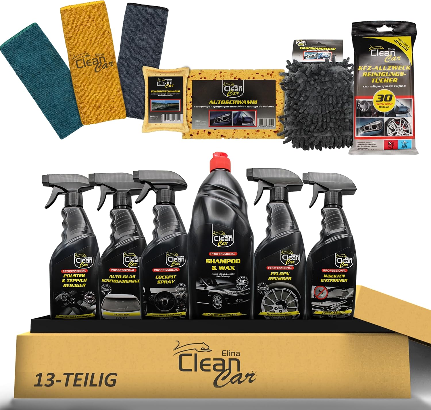 Bild von Elina Clean Car Auto Reinigungsset - und Pflegeset : für den Fahrzeug-Außenbereich und Innenbereich (Autolack, Felgen und mehr - für Innen- und Außenraum) (Komplett-Set)