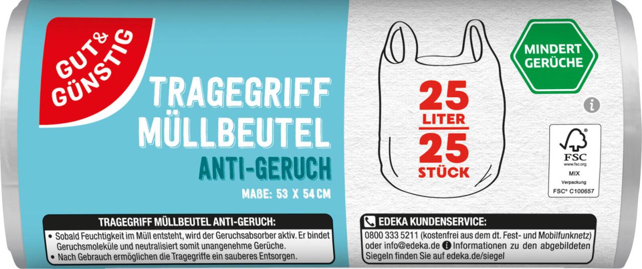 Bild von Gut & Günstig Müllbeutel Gut & Günstig Müllbeutel mit Tragegriff 25L/25 Beutel Anti-Geruch (1er