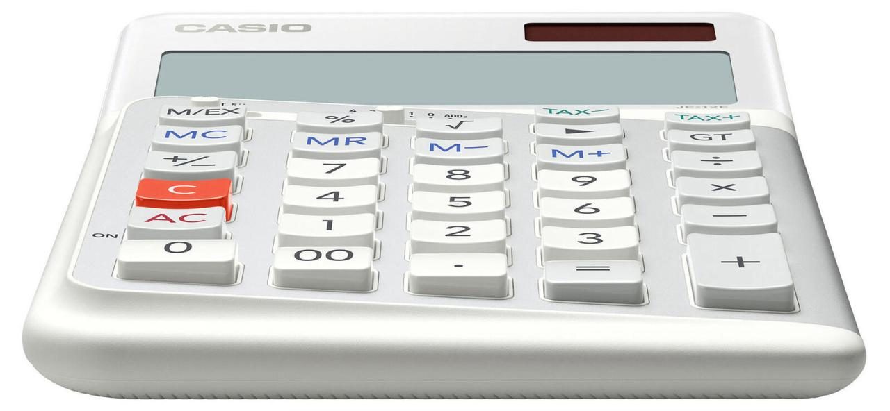 Bild von Casio ergonomischer Tischrechner JE-12E-WE, 12-stellig, Tastatur in Treppendesign, vertikale Tastenanschläge, Steuerberechnung, Währungsumrechnung, Vorzeichenwechsel, Solar/Batteriebetrieb