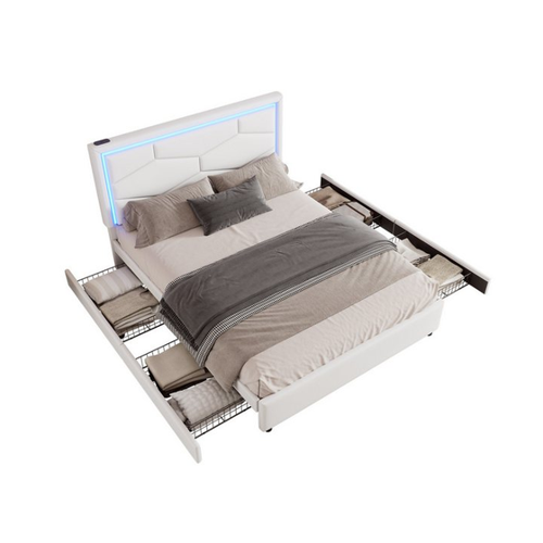 Bild von OKWISH Polsterbett Doppelbett mit LED-Beleuchtung und 4 Schubladen