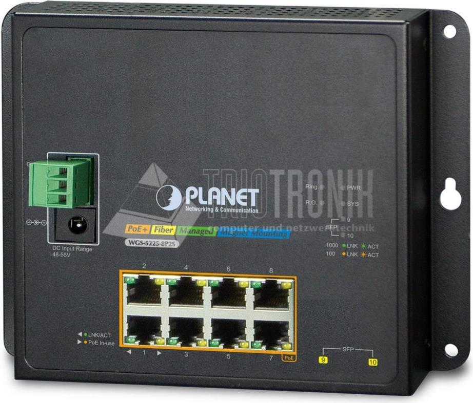 Bild von PLANET WGS-5225-8P2S - Switch - L4 - managed - 8 x 10/100/1000 (PoE+) + 2 x 100/1000/2.5G - an DIN-Schiene montierbar, wandmontierbar - PoE+ (240 W) - Gleichstrom
