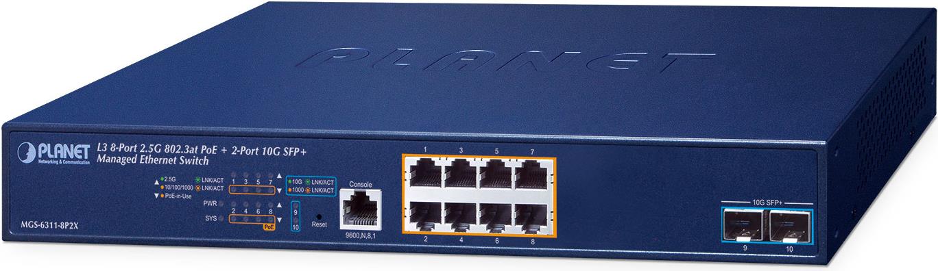 Bild von PLANET Layer 3 - 8-Port 2.5GBASE-T Managed L3 2.5G Ethernet (100/1000/2500) Power over Ethernet (PoE) 1U Blau (MGS-6311-8P2X)