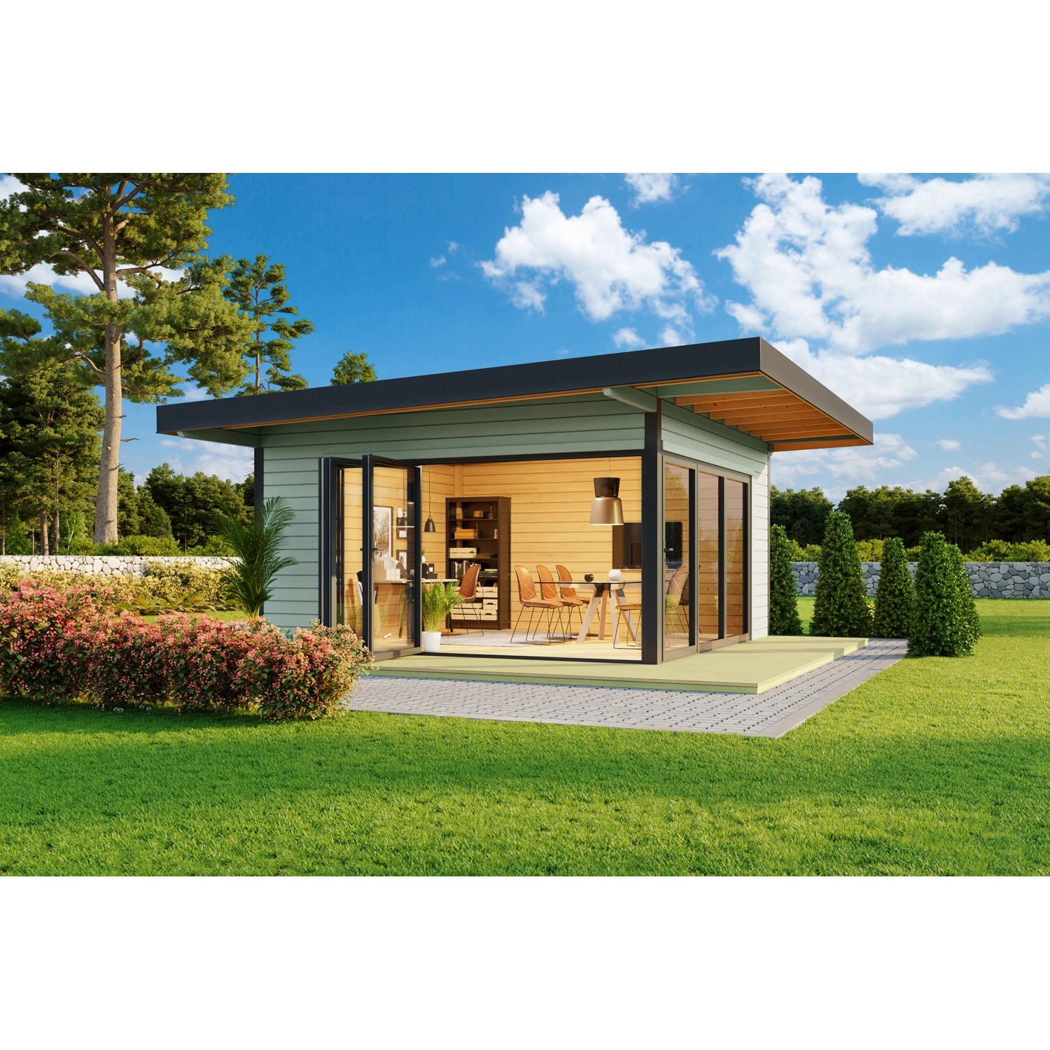 Bild von LASITA MAJA Gartenhaus »DOMEO 9 GLETSCHERGRÜN/ANTHRAZIT«, (Set), mit Überdachung, Fundamentmass 1200+4500 x 1200+4500, Gletchergrün
