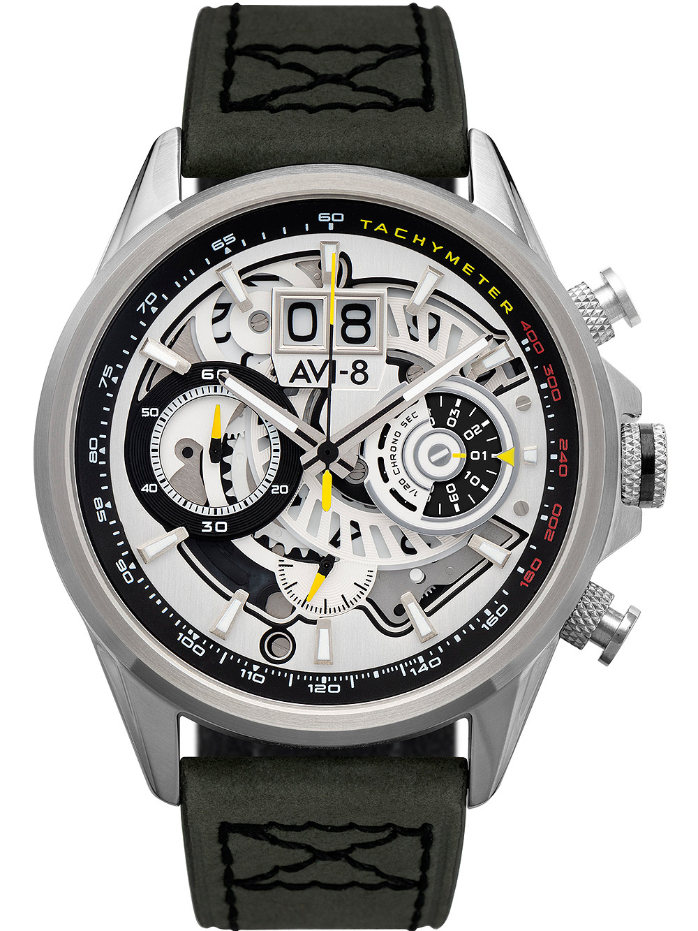 Bild von AVI-8 Mens 45mm Hawker Harrier Matador Chronograph Ivory Steel Japanese Quartz Pilot Watch with Genuine Leather Strap AV-4065-01