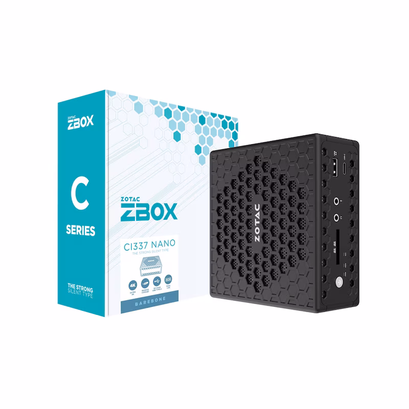 Bild von Zotac ZBOX CI337 nano. Produkttyp: Mini-PC Barebone. Unterstützte Arbeitsspeicher: DDR5-SDRAM, Anzahl der Speichersteckplätze: 1, RAM-Speicher maximal: 16 GB. Unterstützte Speicherlaufwerke: HDD & SSD, Speicherlaufwerk Schnittstelle: PCI Express, SATA. Anzahl Ethernet-LAN-Anschlüsse (RJ-45): 2. WLAN-Standards: Wi-Fi 6 (802.11ax), Bluetooth-Version: 5.2. Kühlung: Passiv. Stromversorgung: 40 W (ZBOX-CI337NANO-BE)